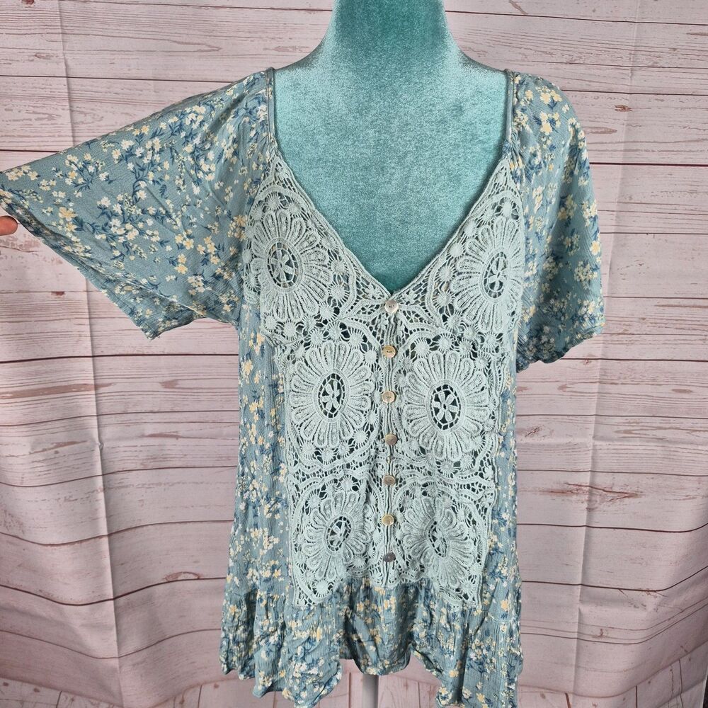 Miss Me Aqua Ruffled Womens Size Large Crochet Trim Ditsy Flower Grannycore Boho